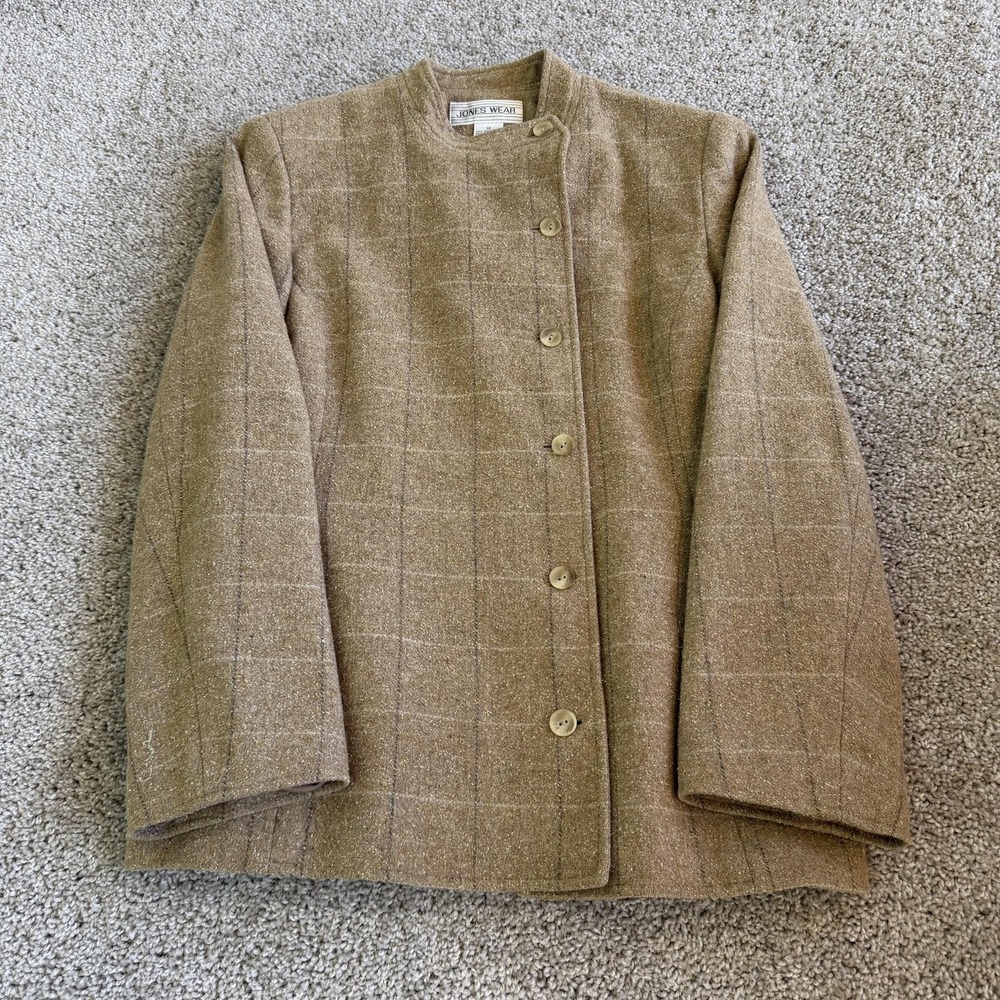 Jones Wear Blazer Womens 10 Beige Wool Tweed Check Collarless Single Breasted